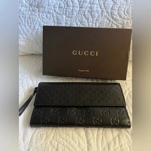 GUCCI Micro Guccissima GG Pattern Long Bifold Wallet Leather Black Gold - Picture 2 of 16